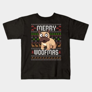 Funny Merry Woofmas Ugly Christmas Sweater Pug Pun Xmas Kids T-Shirt